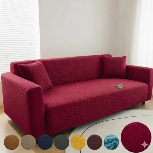 Deep maroon wine-colored stretch sofa cover with a textured jacquard stripe pattern, providing a snug fit and luxury look.