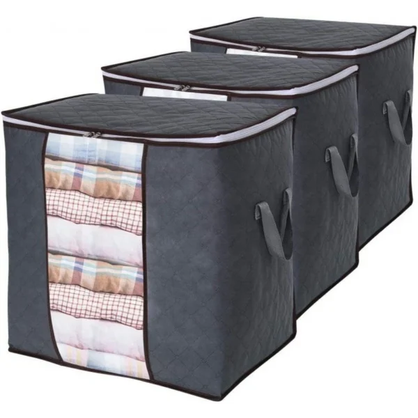 storage bag with reinforced handles and zippered top, designed for organizing clothes, blankets, or household items.