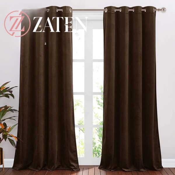 Pair of premium dark brown velvet curtains with a rich chocolate tone and silver eyelets, featuring a heavy-weight plush fabric for a cozy room.